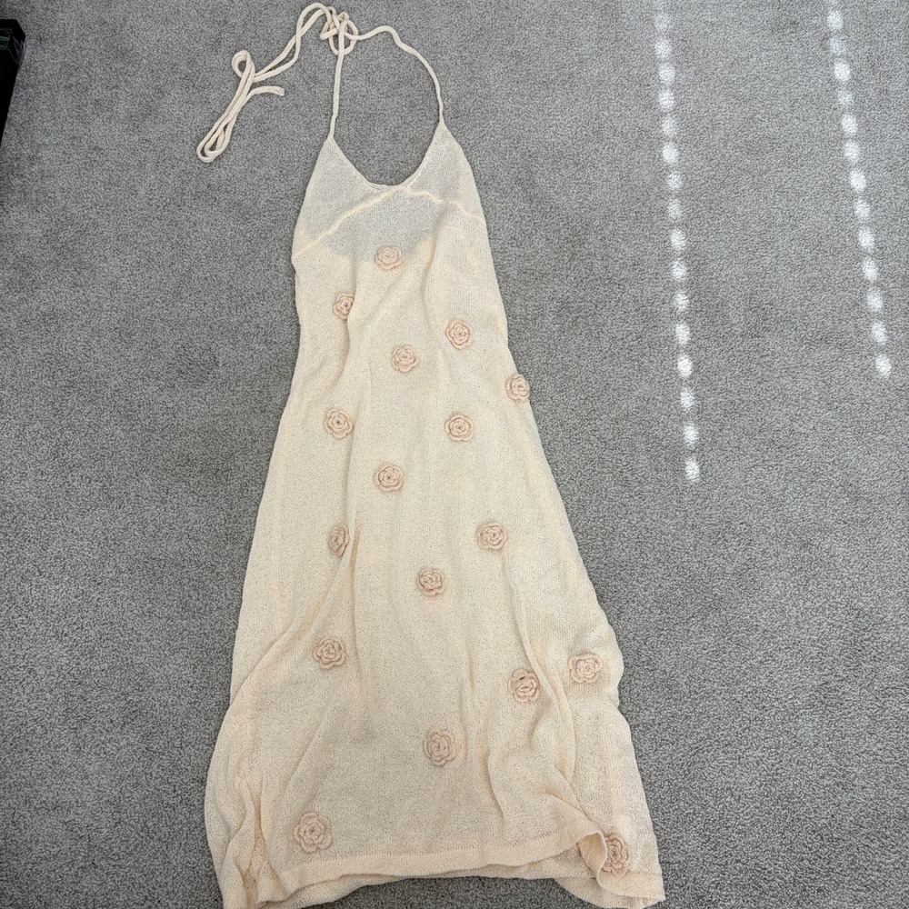 Y2K Knit Halter Maxi Dress Womens M Cream Ivory Beach Vacation Resort Indie Boho - Picture 1 of 7